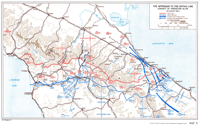 Figura 8:La fetta di territorio compresa fra la linea rossa (Tedeschi) e quella blu (Alleati) è oggetto di costruzione di fortificazioni da parte delle truppe di Hitler, in ritirata. I simboli blu e rossi indicano le postazioni dei rispettivi schieramenti.